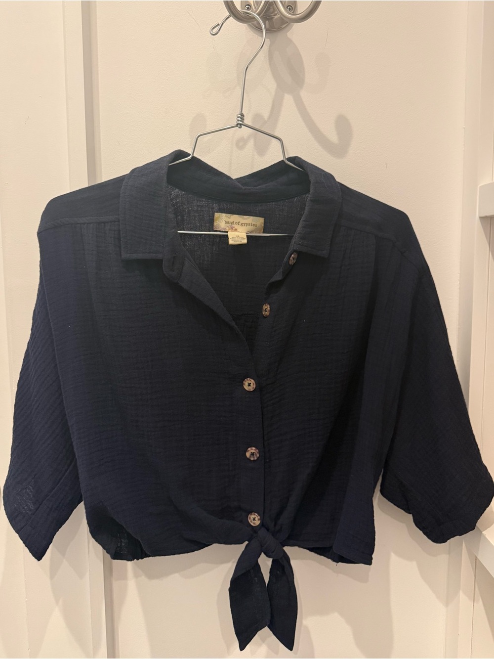 Band of Gypsies Navy Button-Front Tie Hem Top
